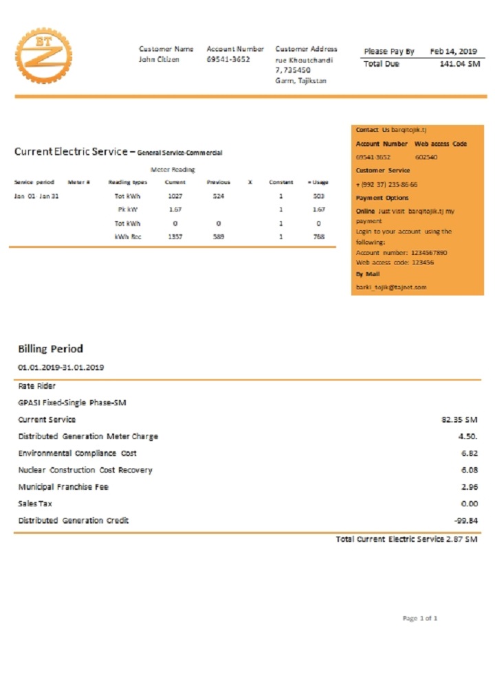 Tajikistan Barqi Tojik Company electricity utility bill template in Word and PDF format